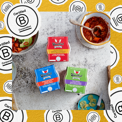An image of 3 Soulful Vegan OnePots and the B-Corp Logo