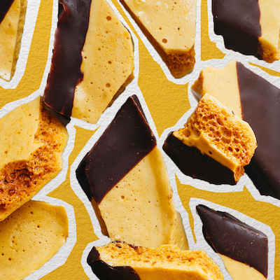 An image of vegan honeycomb dipped in chocolate