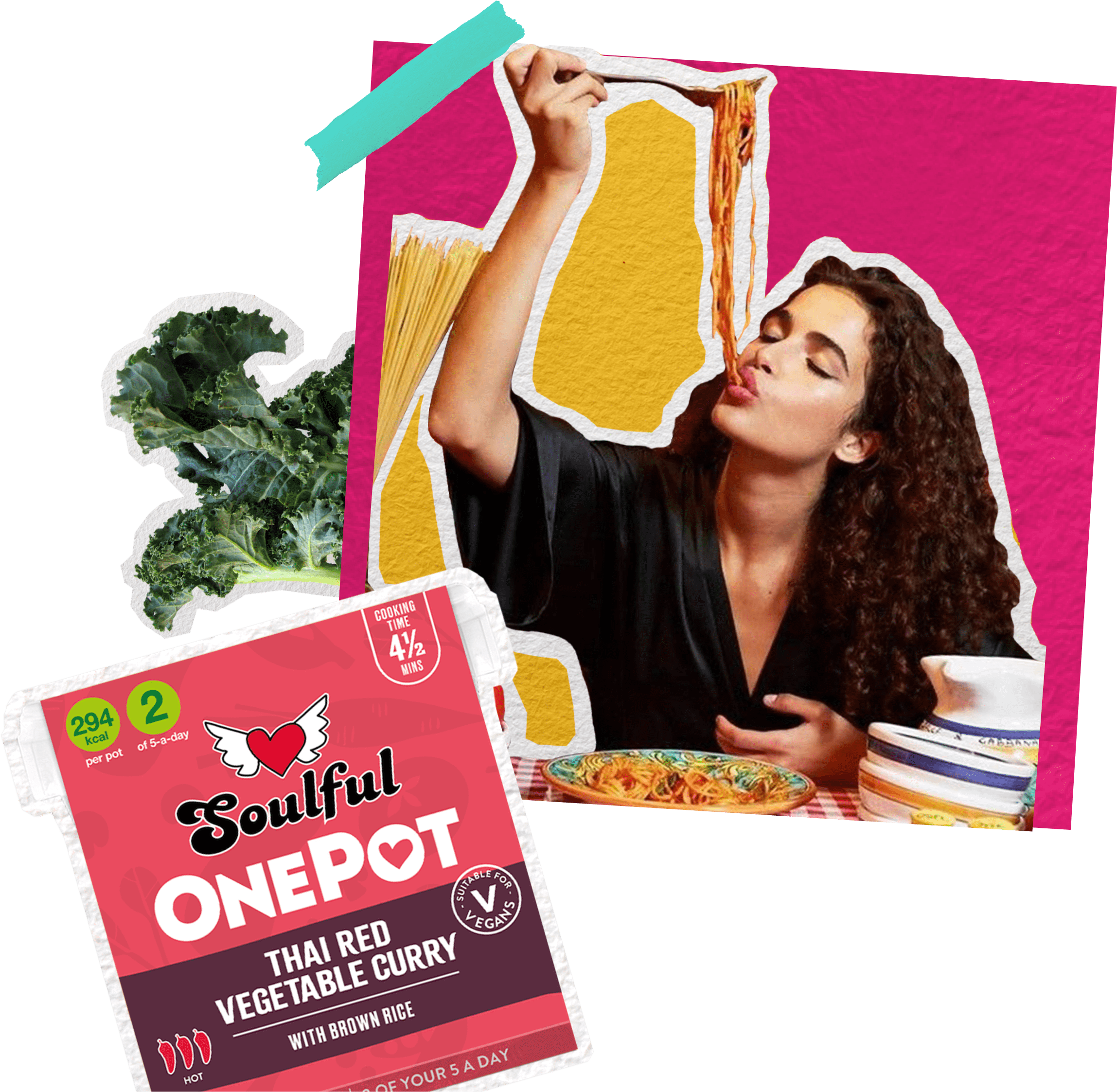 Woman eating pasta and image of Soulful Onepot