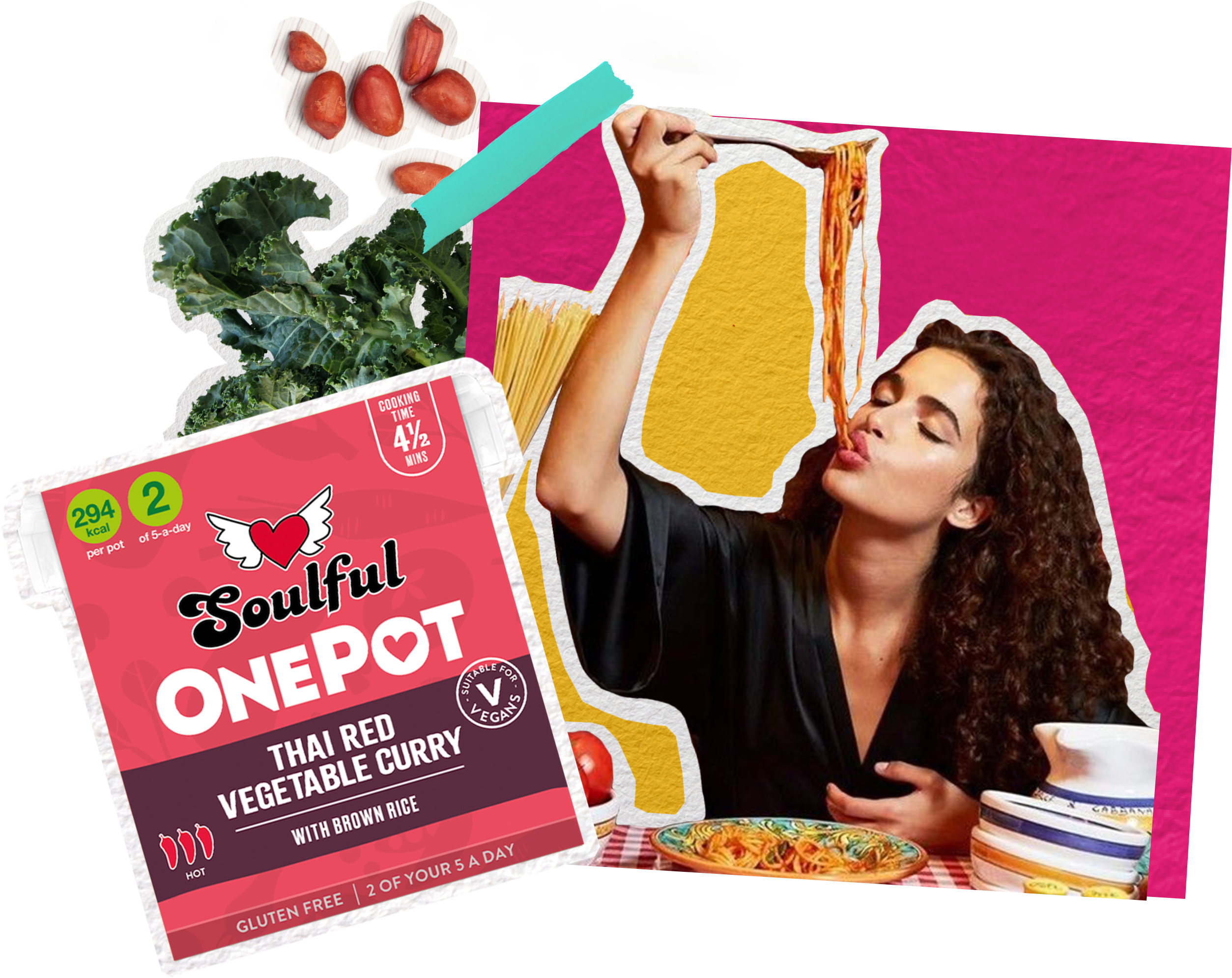 Woman eating pasta and image of Soulful Onepot