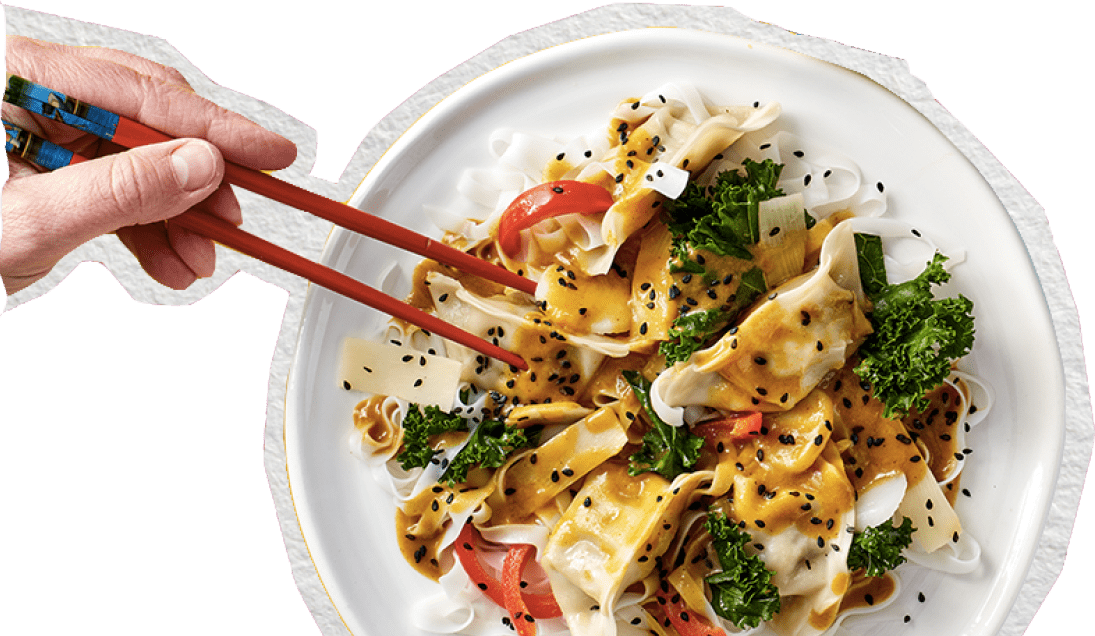 Plate of vegan dumplings and chopsticks